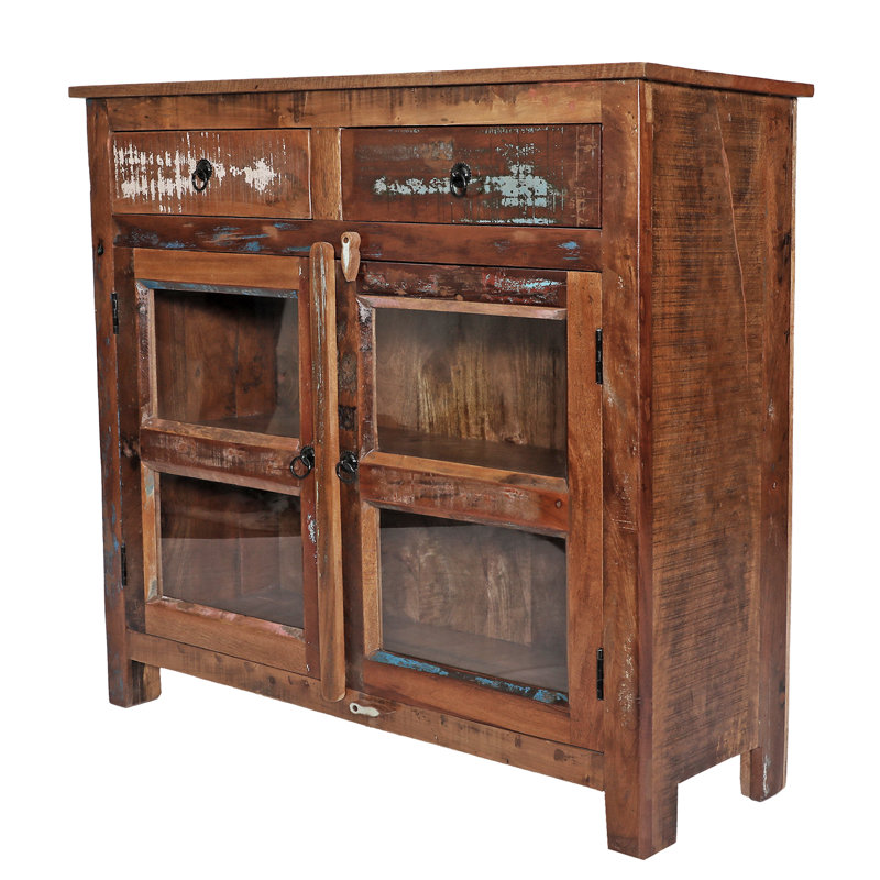 Cynera Antique Solid Wood 2 Drawer Glass Door Cabinet