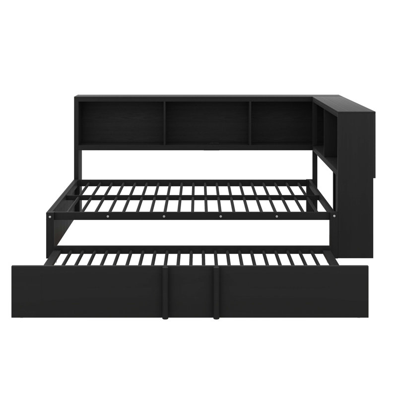 Practical Full Metal Daybed With Pull-Out Trundle And Built-In Storage Sections, Black