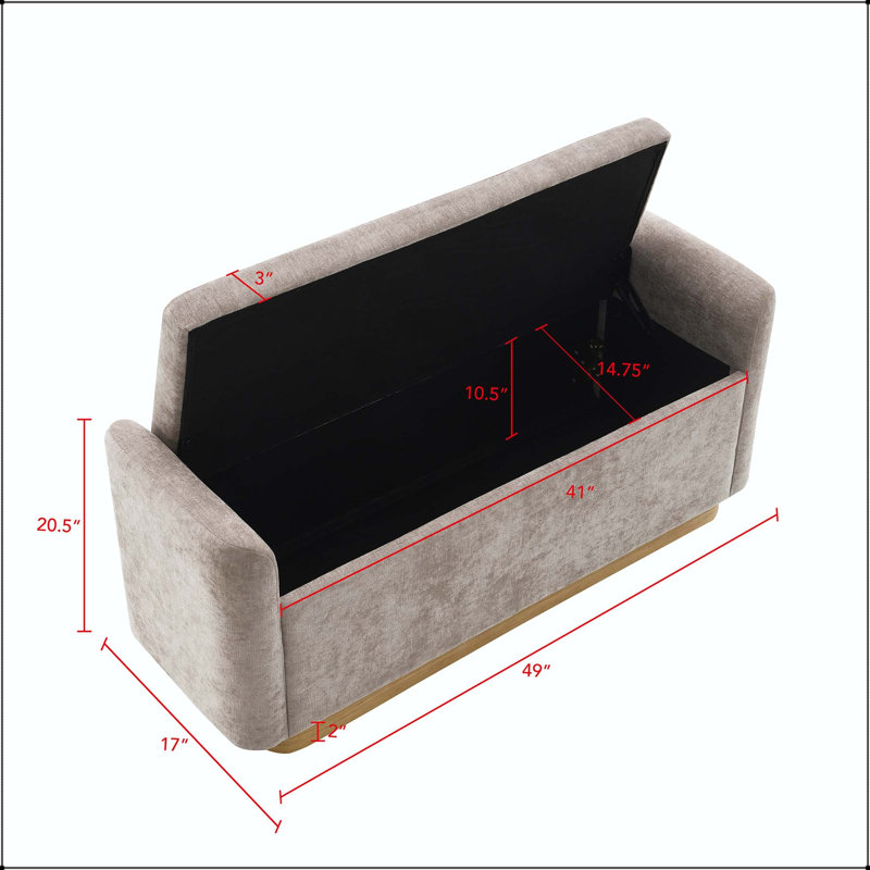 Banc de rangement 49 po en chenille avec charnière de sécurité, base en métal doré et structure en bois, Brown, Brown