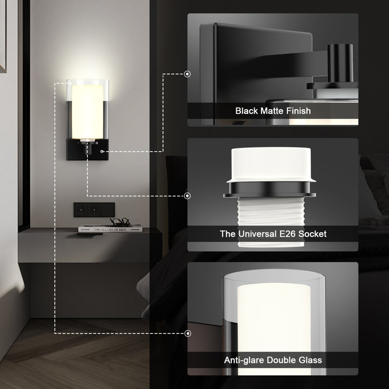 Ensemble de 2 appliques murales pour meuble-lavabo moderne avec double abat-jour en verre transparent noir mat intérieur ferme pour salle de bain salon chambre à coucher couloir avec ampoule E26 (ampoules non incluses)