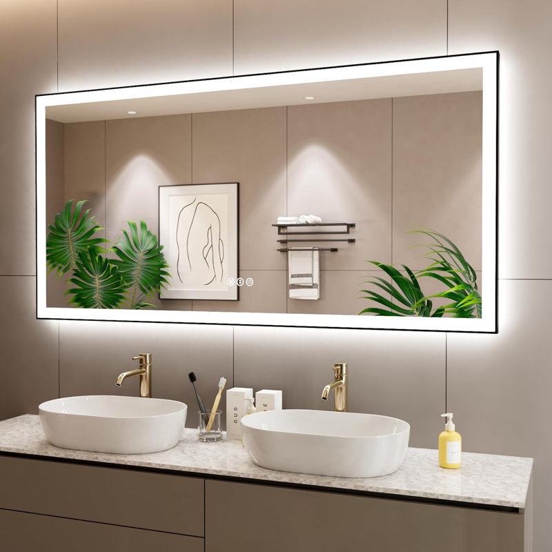 Miroir de salle de bain à DEL avec cadre noir, rétro-éclairé et miroirs de salle de bain éclairés, 72 po x 40 po