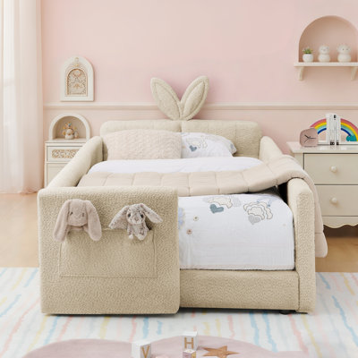 Upholstered Kids Bed Frame With Safety Rails And Storage, Boucle Platform Bed With Headboard And Guardrails, Camel, Twin