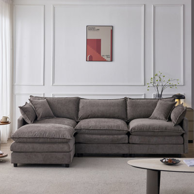 Chenille Modular L-Shaped Sectional Sofa - 3-Seater Comfy Cloud Couch Set with Movable Ottoman, DIY Combination for Living Room