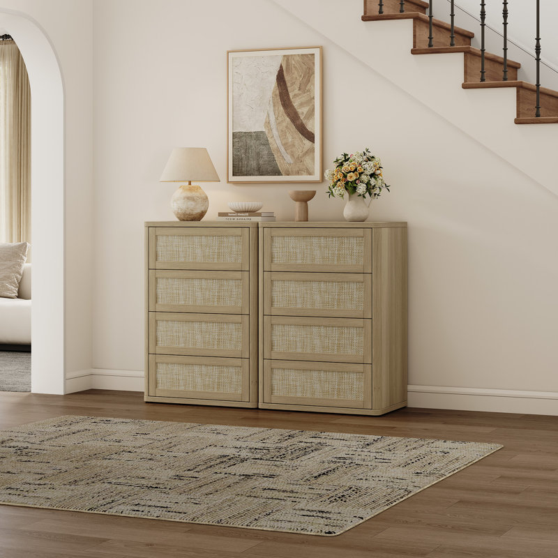 Commode 4 tiroirs Consiglia Boho-Rattan, Chêne ambré