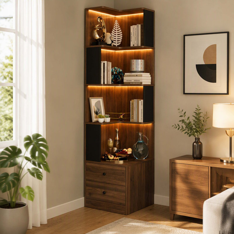 Bibliothèque de coin autoportante en L avec tiroirs et déflecteur, présentoir de coin à 4 niveaux avec lumières DEL pour le bureau à domicile, le salon, la chambre à coucher et la cuisine