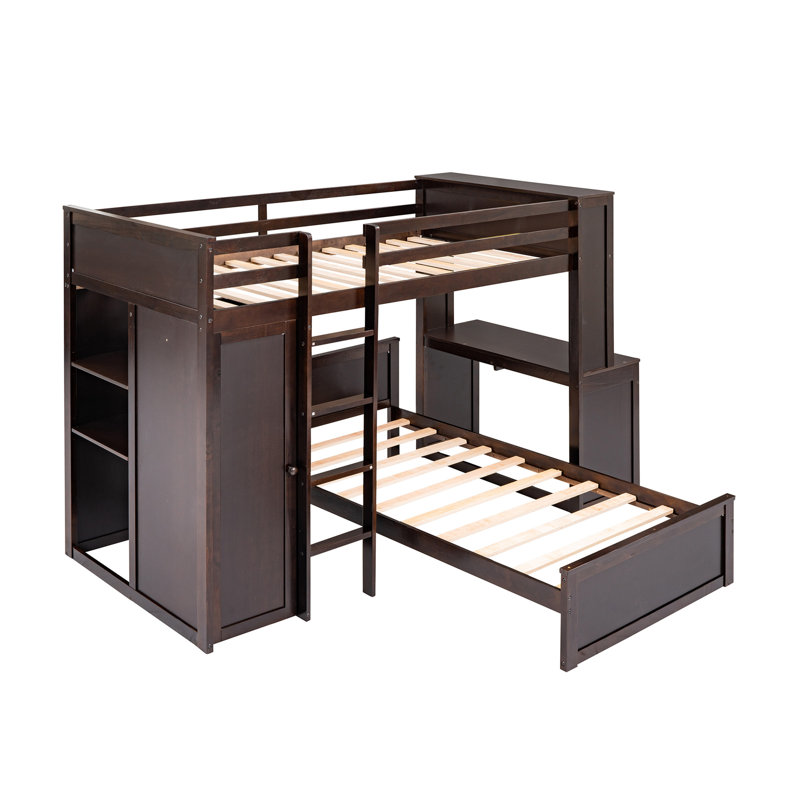 Lit mezzanine simple avec lit autonome, tablettes, bureau et garde-robe espresso, Lit simple, Espresso