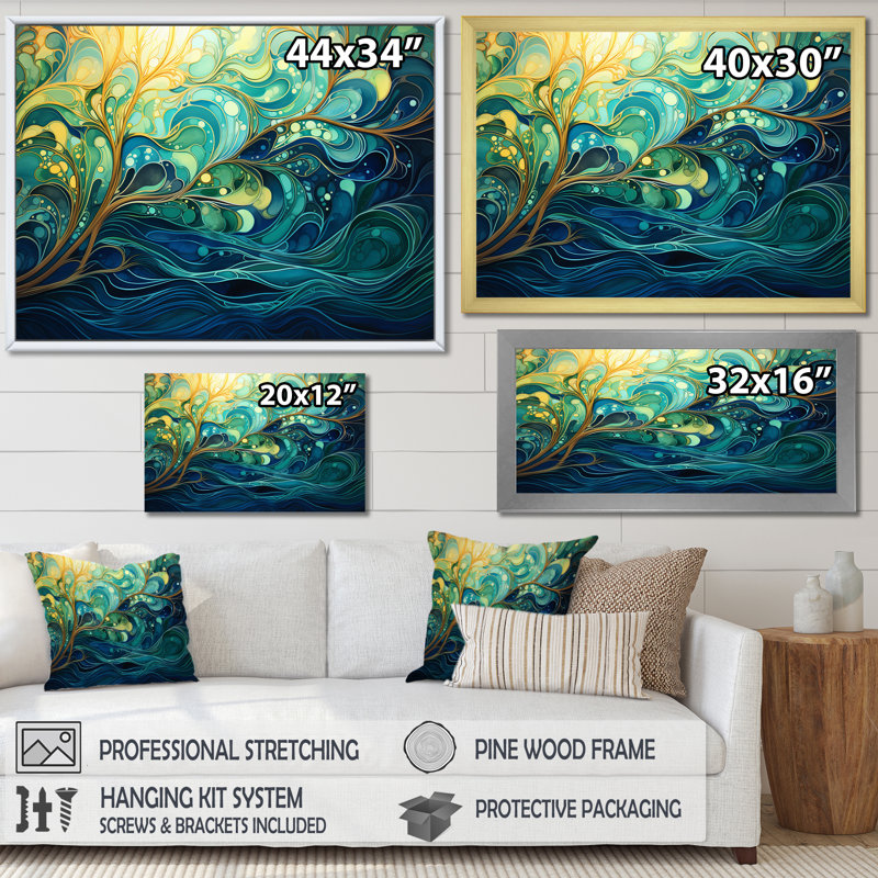 «Green and Yellow Gleaming Ink II», art mural abstrait, Toile tendue, H 24 po x l 32 po x P 1 po