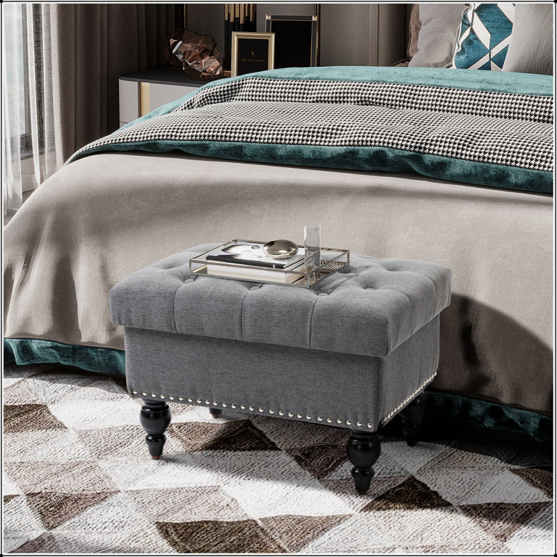 Ottoman with Storage for Living Room, 25" Storage Ottoman with Removable Lid, Button-Tufted Fabric Bench for Footrest and Seat with Wood Legs, Gray