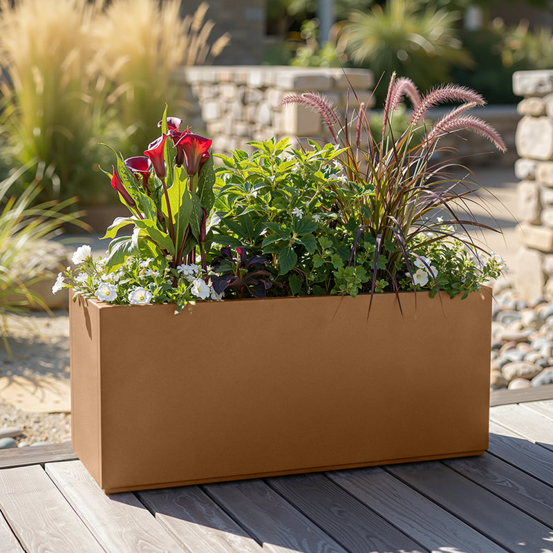 Rectangular Planter-Metal Planter Box With Drainage Holes for Indoor and Outdoor Use, Brown, 16.3" H x 38" W x 15" D