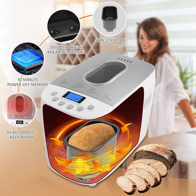 Davivy 15-in-1 Automatic Bread Maker Machine 3.3LB Dough Maker with Nonstick Bowl Jam& Yogurt 3 Loaf Sizes & 3 crust settings 15-H Delay Timer