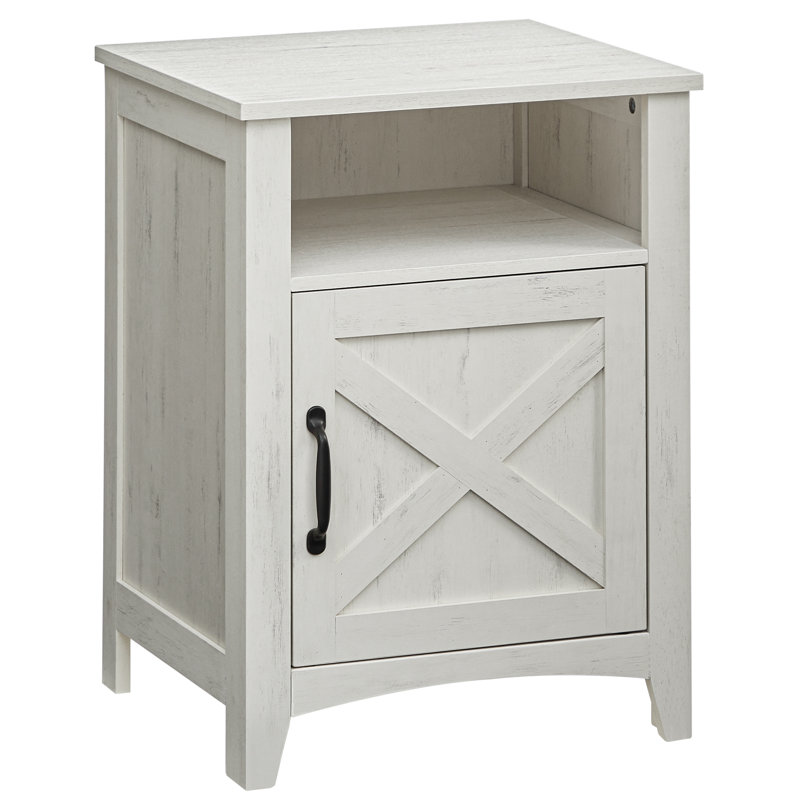 Bauman Farmhouse Nightstand, Bedside Table with a Cabinet and Open Compartment, White