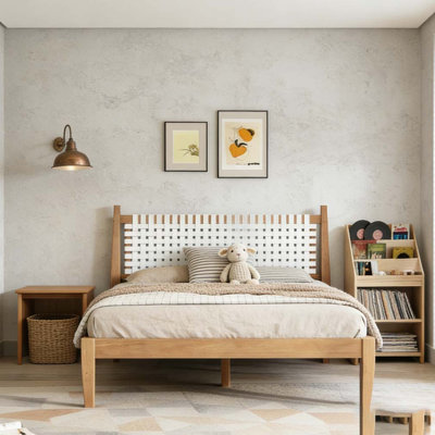 Grand lit avec dossier en cuir blanc tissé