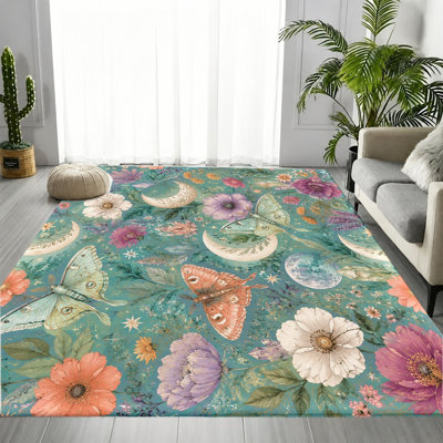 Tapis floral bohémien papillon céleste, motif de cristal de lune mystique, tapis antidérapant lavable à la machine, décoration intérieure artistique pour salon, chambre à coucher, dortoir, appartement