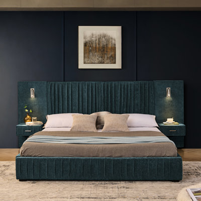 Bleu - très grand lit tapissier avec revêtement en chenille plissée, tête de lit, table de chevet et plateforme à base de lampes réglables, lampes,