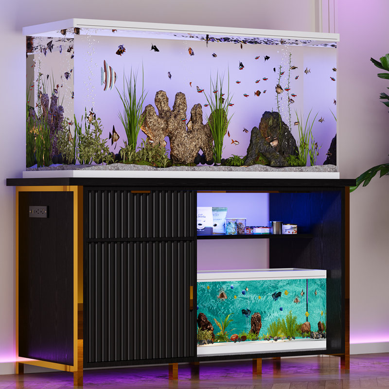 Helge 55-75 Gallon Fish Tank Stand with ED Light, Heavy Duty Aquarium Stand, Black