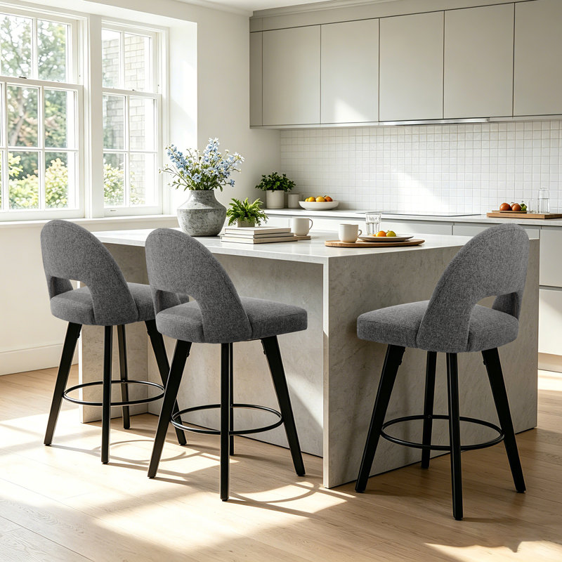 Tabouret de bar et de comptoir pivotant 26 po avec structure en bois massif, Gris, 3 chaises 