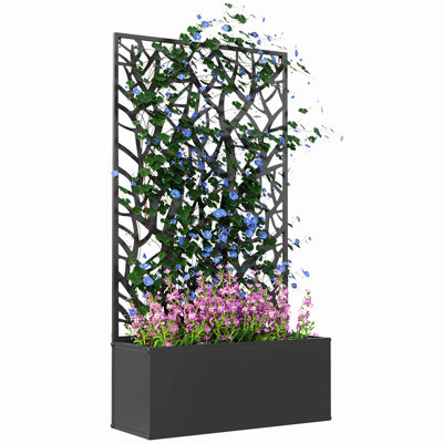 Metal Raised Garden Bed with Trellis, Freestanding or Wall Mounted Raised Flower Bed with Privacy Panel for Garden, Patio, Balcony