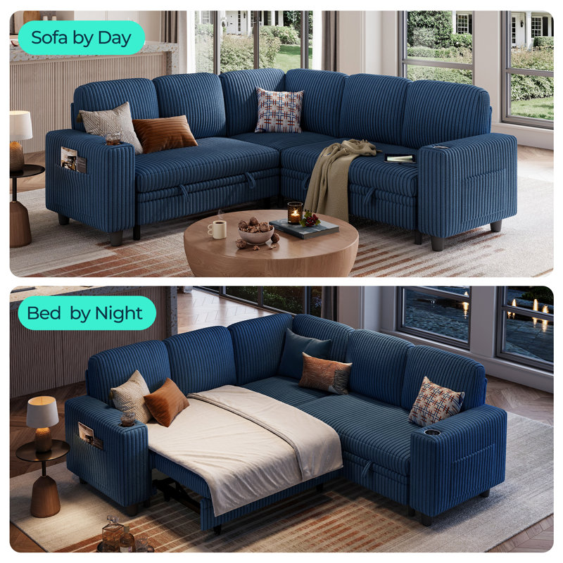 Sherry 81'' Upholstered Modular Sectionals with Pull-out Sofa, Storage Chaise, USB Charging & Cup Holders, Soren Navy