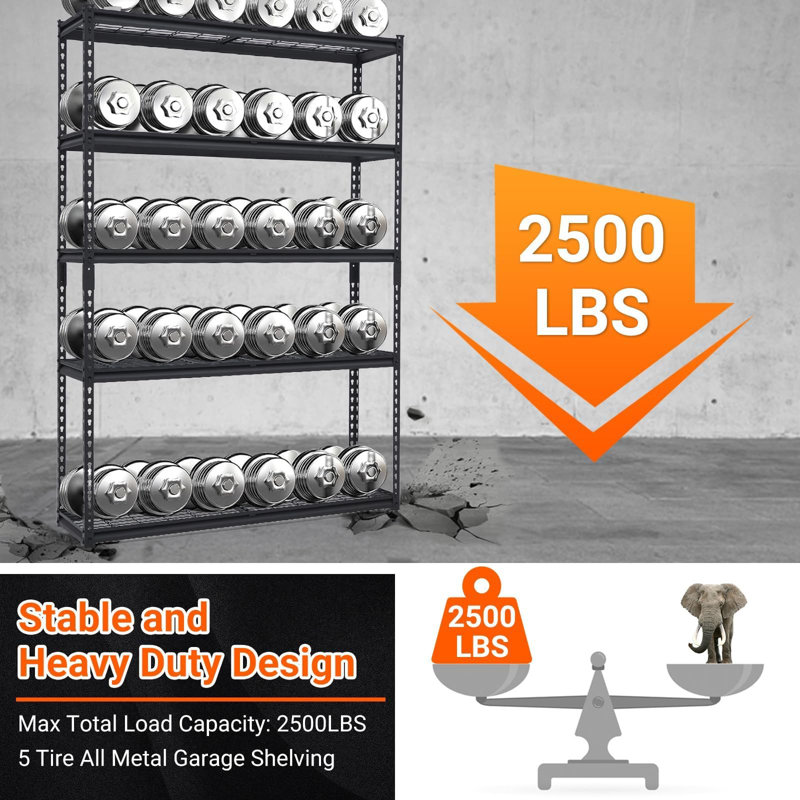 Étagère de garage à 5 niveaux, tablettes de rangement réglables en métal de 2 500 lb, étagère de rangement robuste de capacité, support de rangement utilitaire industriel, 48 x 18 x 72 po