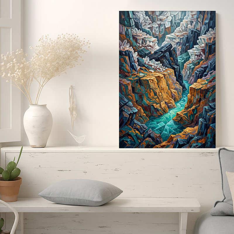Art mural sur toile Jagged Rocky Canyon avec rivière sarcelle et falaises orange, 40"H x 28"W