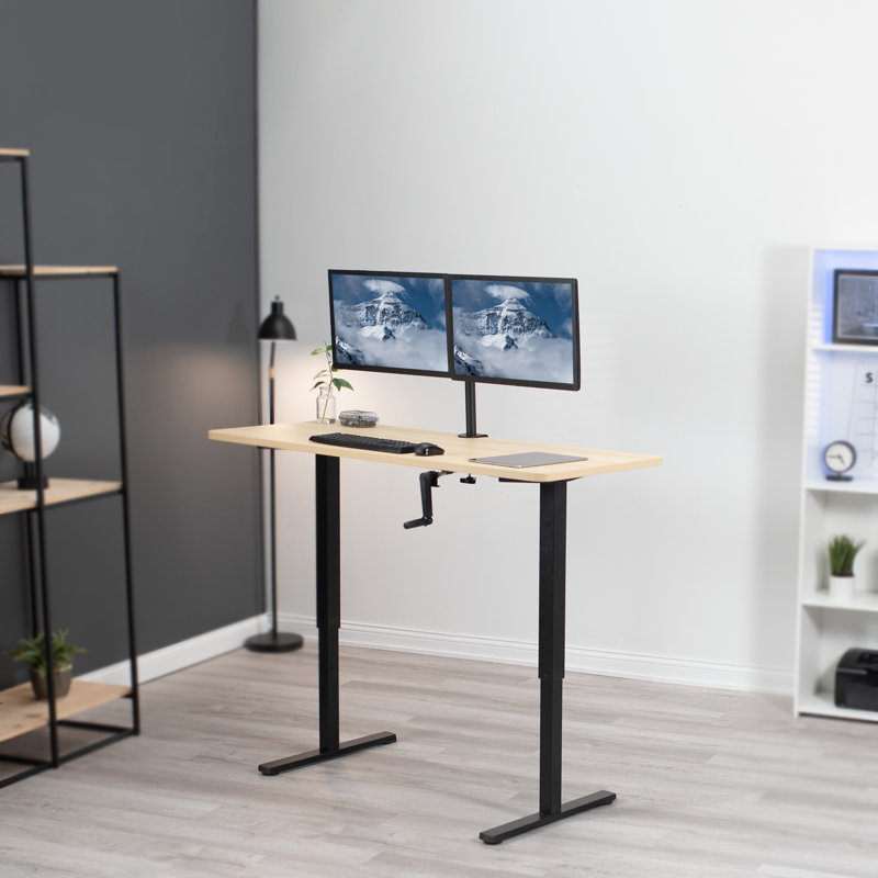 Manual Height Adjustable Desk, Light Wood/Black
