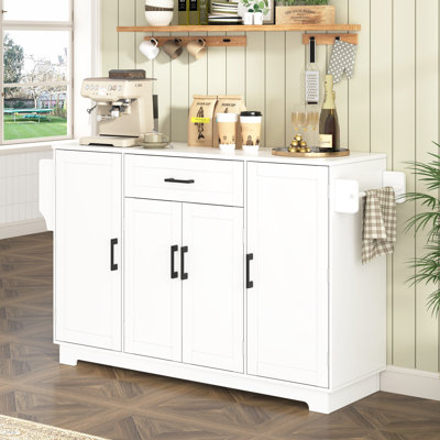 Îlot de cuisine 54 po avec 4 portes et 1 tiroir, armoire buffet avec rangement, tablettes réglables, tablettes latérales et tringle