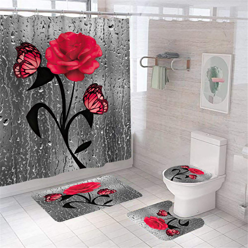 Ensemble de rideau de douche 4 pièces + crochets, Rouge