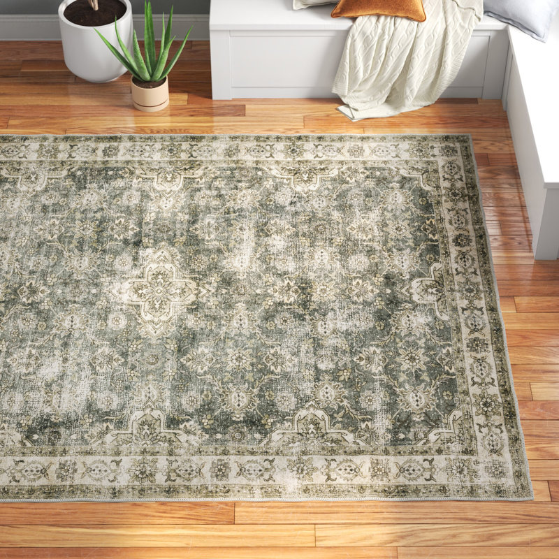 Houtz Machine Washable Non-Slip Green/Gray/Beige Area Rug Mat, Rectangle 5' x 7'