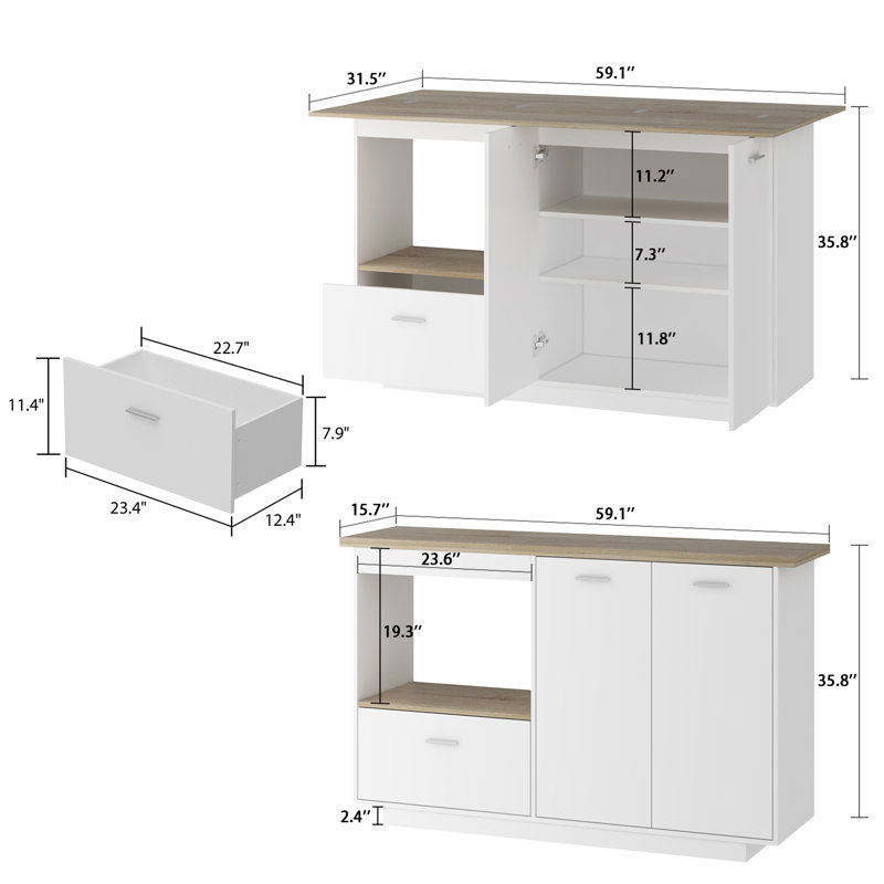 Îlot de cuisine de 59,1 po de large avec table rabattable - comptoir de bar moderne blanc et bois