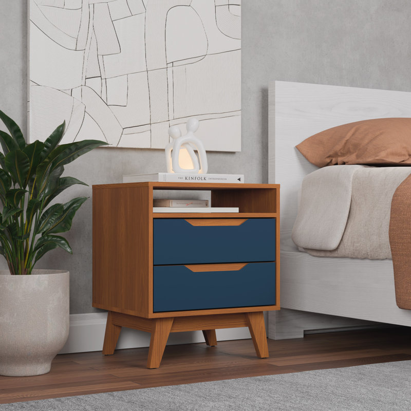 Paris 2-drawer Nightstand With Open Shelf And Built-in Handles, Brown/Blue