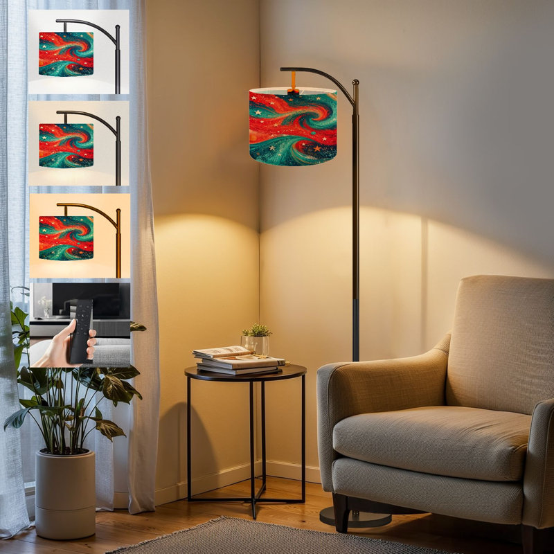  Lampe sur pied arc abstrait tourbillon cosmique rouge bleu nébuleux vagues dispersées étoiles haute lampe sur pied moderne abat-jour réglable en lin 3 températures de couleur