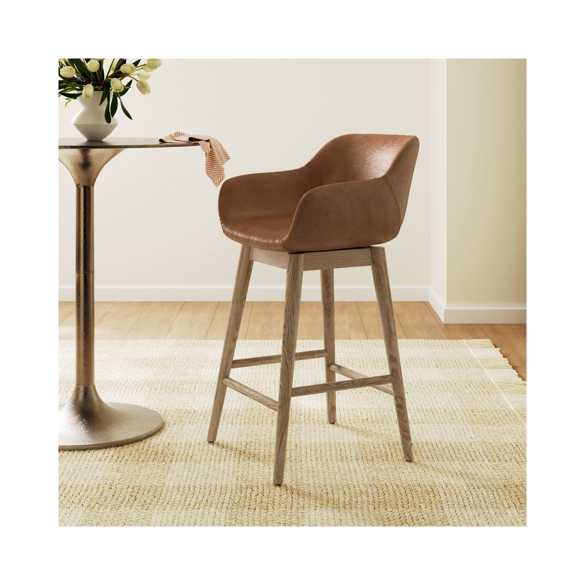 Bahari Swivel Leather Stool, Counter Stool (26.5" Seat Height), Sonoma Chestnut/Genuine Leather, Amber Ash