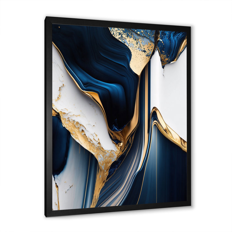 «Abstract Geode Waves Gold I» - Art mural abstrait, Impression noire sur toile encadrée, L 12 po x H 20 po