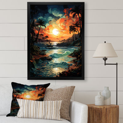 " Colorful Orange Palm Trees Sunset II " Watercolor Print