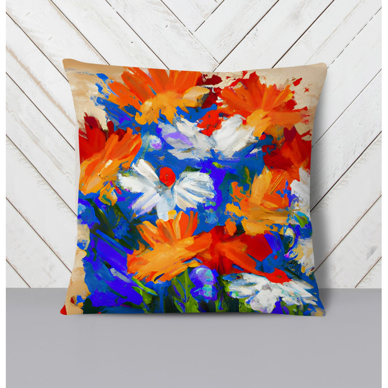 Throw Pillow With Insert, Blue/White/Orange Floral/Abstract 3, 20"H x 20"W