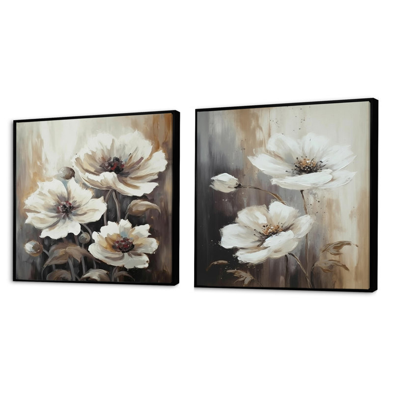 Ensemble de 2 hibiscus blancs et bruns blancs, Cadre flottant noir, H 30 po x l 61 po