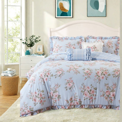 Piece King Bedding Sets, Blue Floral Microfiber Comforter for Bedroom