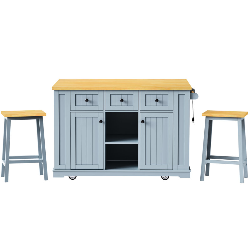 Grand îlot de cuisine bleu avec 2 tabourets de chaise, prise d'alimentation, espace de rangement interne, abattant, 3 tiroirs, 5 côtés