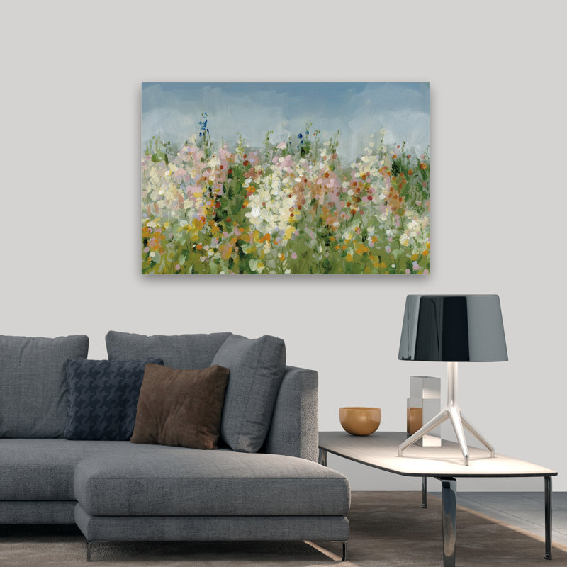 Art sur fond bleu et floral, H 32 po x l 48 po