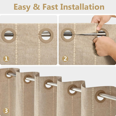 Boho Hookless Shower Curtain, Stripe Polyester-Linen Fabric Waterproof Shower Curtains for Bathroom, 190 x 182 cm