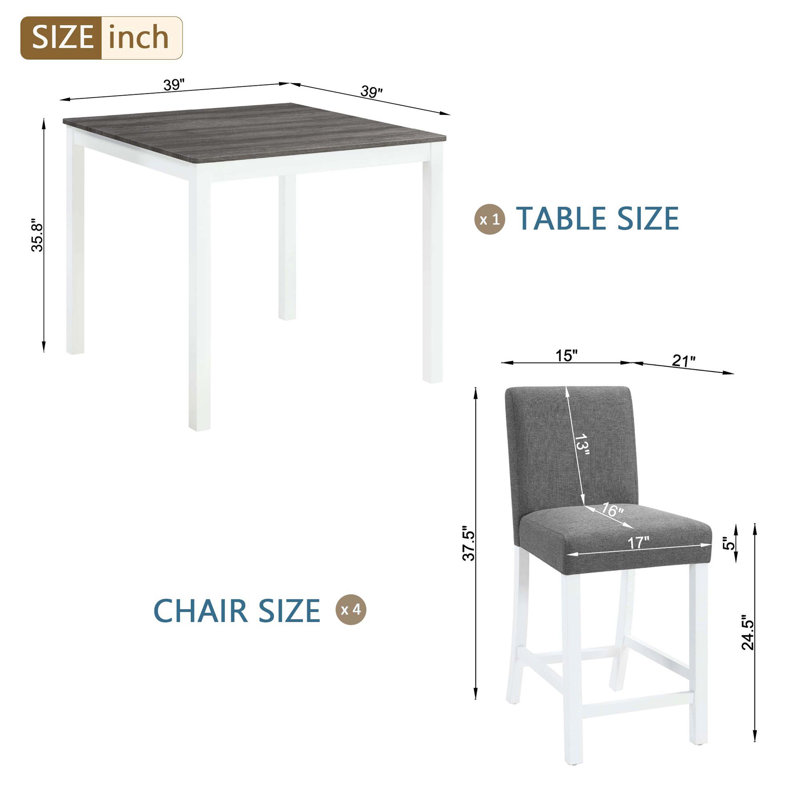 Ensemble de salle à manger 5 pièces à hauteur de comptoir en bois, table bicolore grise et blanche avec 4 chaises