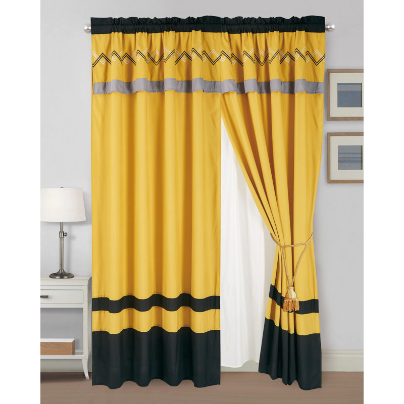 Room Darkening Curtain Pair, Turmeric/Black/Silver Gray/White