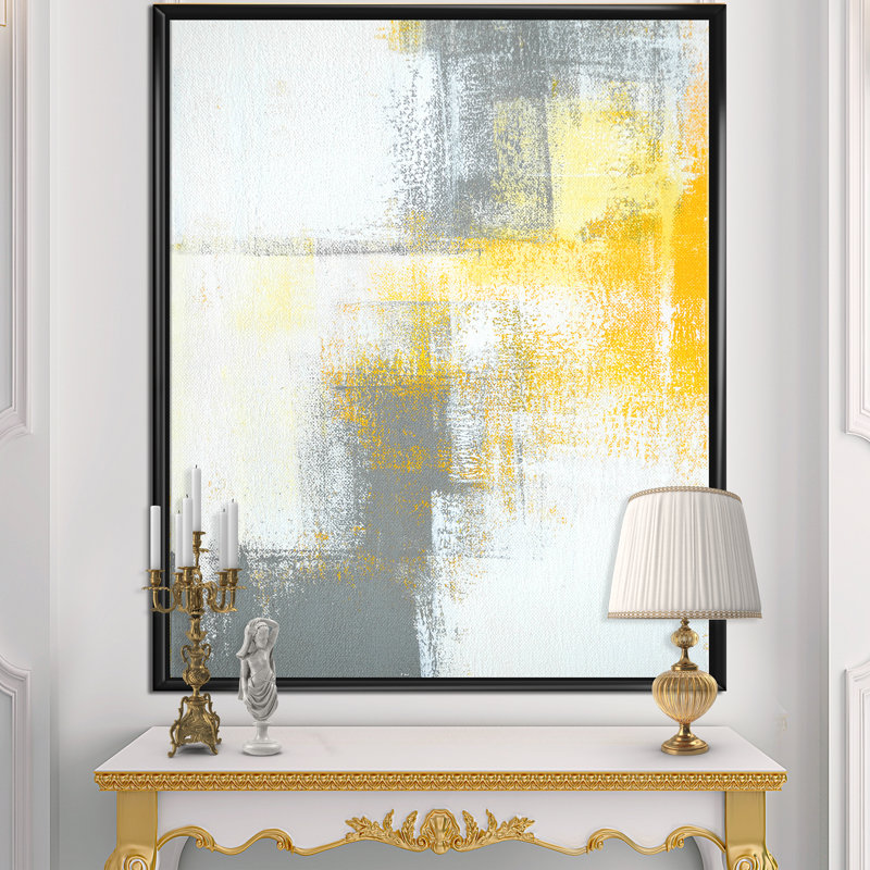 «Gray and Yellow Blue Abstract», reproduction d'art sur toile, H 46 po x l 36 po x P 1,5 po, Cadre flottant noir