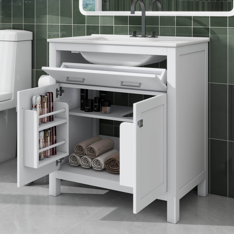 Ensemble de meuble-lavabo autoportant de 30 pouces avec lavabo simple avec tiroirs, une armoire et un tiroir basculant, Blanc