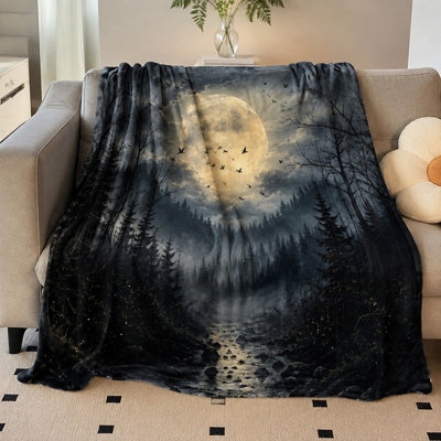 Mystical Moonlit Forest Throw Blanket, Ethereal Woodland Scene Plush Blanket for Sofa Couch Bedding Home Decor