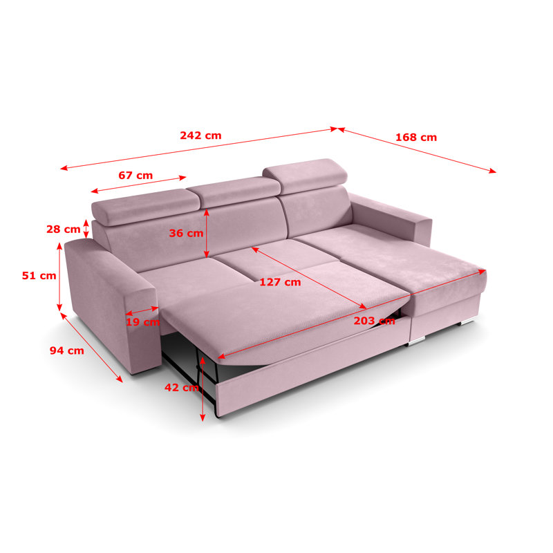 Philbert Corner Sofa Bed, Pink Polyester, Right Hand Facing