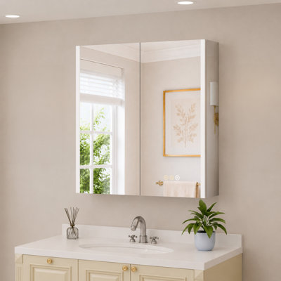 Jainaba 36'' W x 32'' H LED Medicine Cabinet with Mirror, Dimmable Lighting, Adjustable Color Temperature, Defogger, Extra-Large Storage Space, Adjustable Glass Shelves, Recessed or Surface Mount, ETL Listed