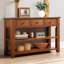 Console en pin massif de 122 cm (47,92 po), 3 tiroirs, 2 étagères, fini vieilli, structure robuste, idéale pour le salon, table d'appoint en bois massif brun, 122 cm (48 po) de large, style vintage classique, facile à monter.-1136276024-1136276026
