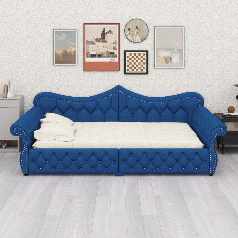 Contemporary Upholstered Daybed Featuring Ambient LED and Decorative Studs, Blue