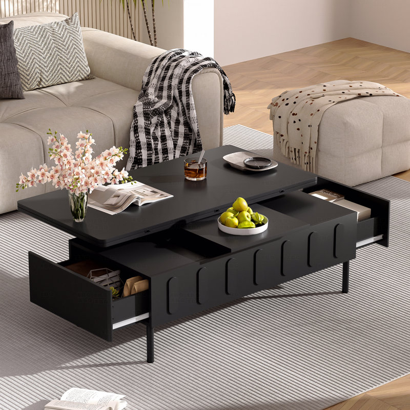 Table basse relevable avec tiroirs Table centrale moderne avec plateau pliable et réglable, Noir